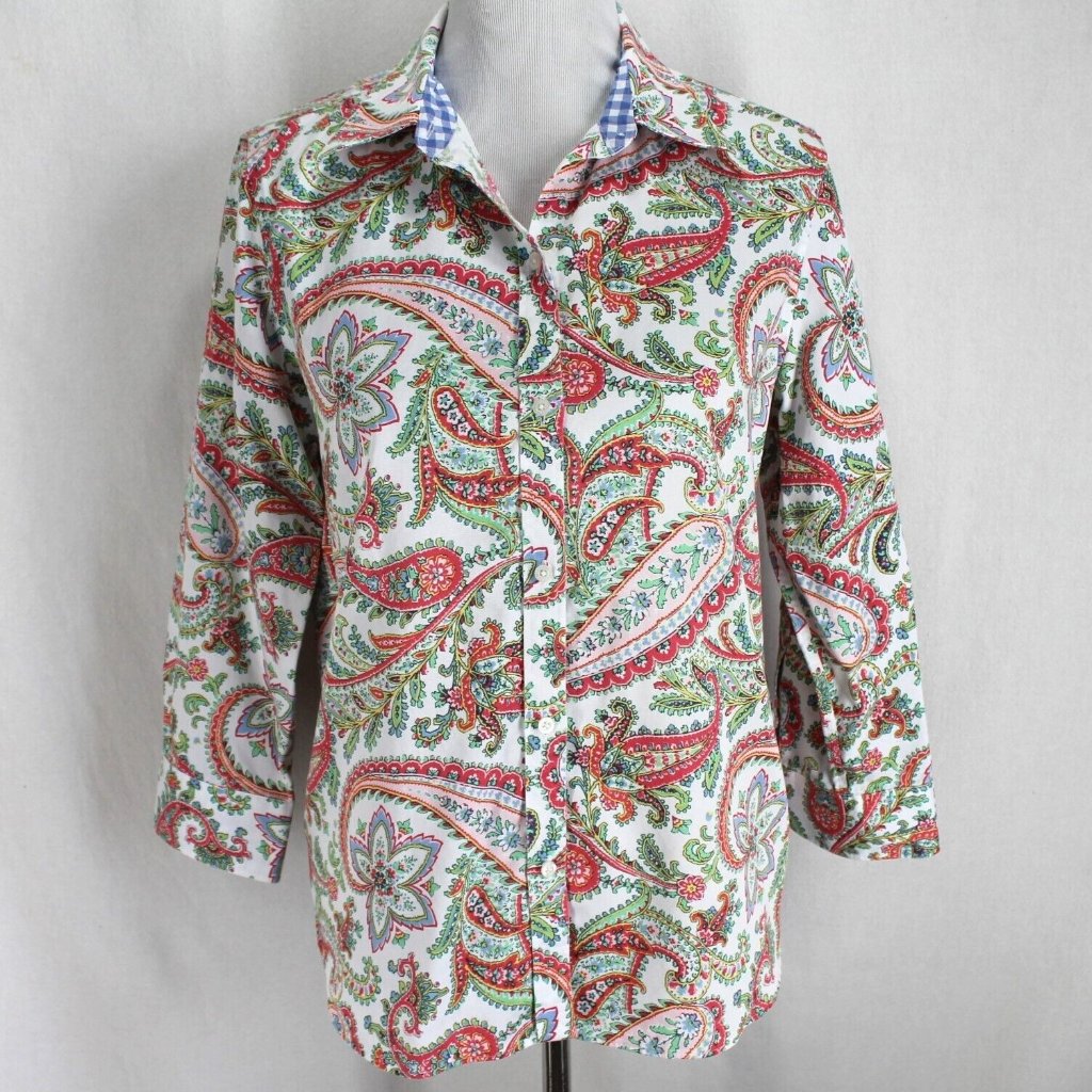 Chaps No Iron Shirt Womens Sz L White Pink Green Paisley 3/4 Sleeve Button Front